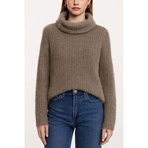 Tempo Paris Fuzzy Alpaca Wool Blend Cowl Neck Sweater Brown Taupe | Size S